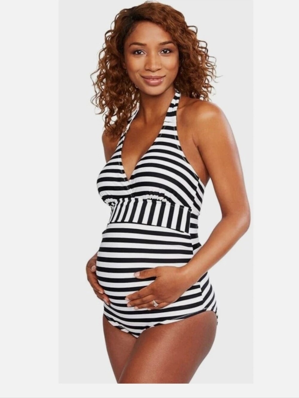 Striped Black & White Maternity Halter Tankini M